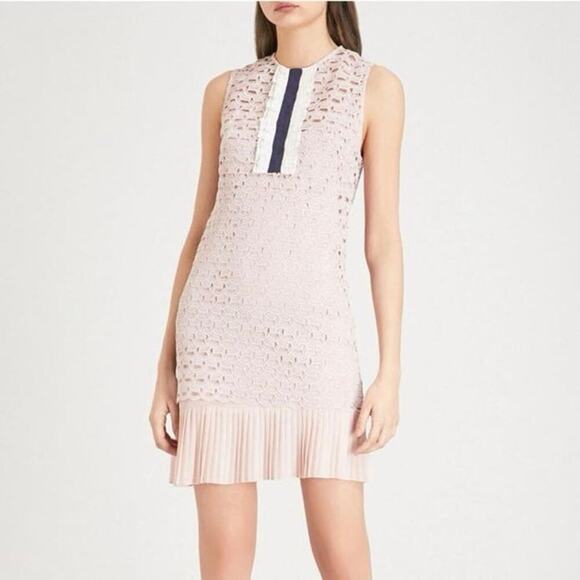 Sandro Embroidered-Lace Pleated Slip Crochet Mini Blush Dress Luxury - Picture 1 of 15